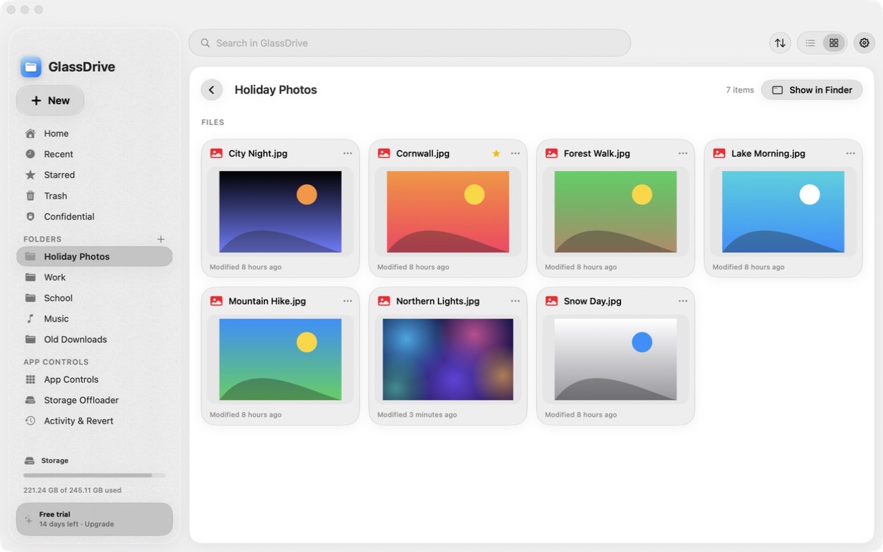 GlassDrive showing a folder of holiday photos as large previews